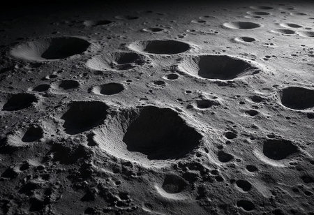 Exploring a vast lunar surface, numerous craters dot the terrain, casting deep shadows. An otherworldly atmosphere envelops this unique landscape, inviting wonder and curiosity under the stars.の素材