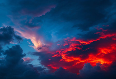 As day turns to night, vivid hues of orange and pink dance among deep blue clouds, creating a breathtaking display across the expansive sky, inviting awe and reflection in this serene moment.の素材
