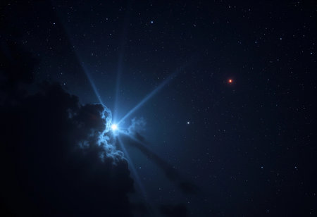 A brilliant moonlight breaks through swirling clouds, illuminating the night sky. Stars twinkle in the vast expanse, creating a magical atmosphere of serenity and wonder in the universe.の素材