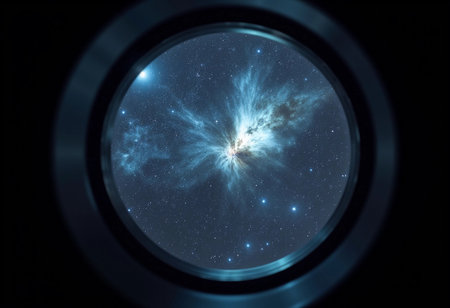 A breathtaking view of a vibrant galaxy bursts with colors and celestial wonders through a circular portal, inviting exploration of the vast universe and its mysteries.の素材