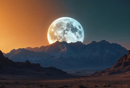 A stunning full moon illuminates the rugged mountain peaks as twilight descends on the serene landscape. The vibrant colors of the sky reflect nature's beauty in this tranquil setting.の素材