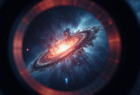 A mesmerizing spectacle unfolds in the cosmos as bright flames burst from a swirling galaxy. Cosmic dust and vibrant hues create a stunning interplay of light and shadow in deep space.の素材