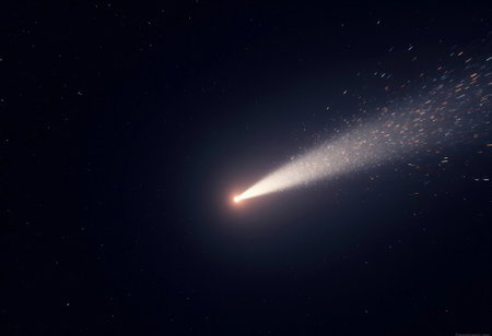 A bright comet streaks across the dark expanse of space, leaving a trail of sparkling cosmic dust. The celestial event captures the beauty of the universe during a clear evening.の素材