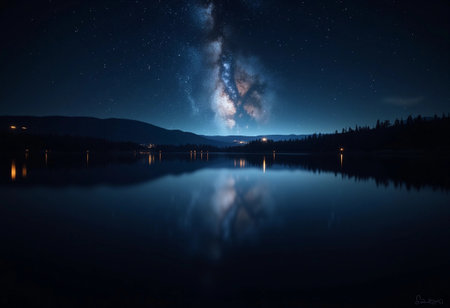 The dark canvas of the night sky is illuminated by countless stars, with a brilliant milky way arching above.の素材