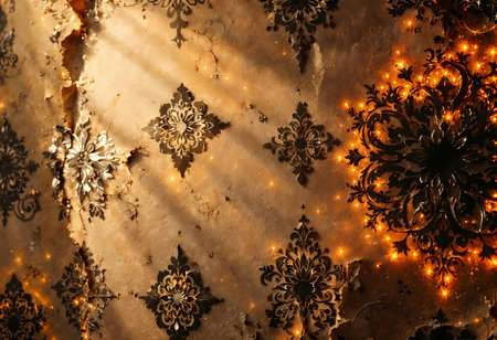 Intricate patterns of dark wallpaper bathe in gentle golden light as the sun sets, creating a magical ambiance that highlights the beauty of the delicate details and vintage charm.の素材