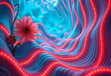 A surreal combination of soft waves and bright colors cradles a delicate flower, creating a mesmerizing atmosphere filled with glowing lights and depth, inviting exploration.の素材
