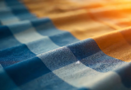 This stunning fabric features a mix of blue and yellow checkered patterns, with sunlight creating a warm glow that enhances its rich textures. A tactile play of colors and light invites touch.の素材