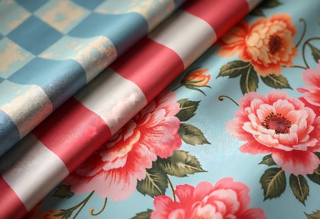 Colorful textiles featuring floral and checkered designs are elegantly arranged. The soft light enhances the intricate details, making the fabrics appear inviting and cheerful.の素材