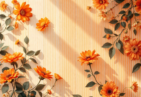 Vibrant orange flowers intermingle with lush green leaves against a soft, striped backdrop. The play of light and shadows enhances the colorful arrangement, evoking a warm atmosphere.の素材