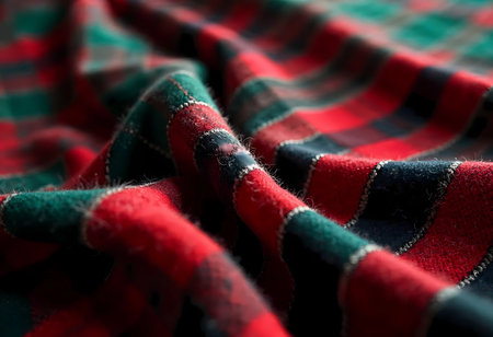 Deep red and green plaid fabric drapes gracefully, creating an inviting atmosphere perfect for winter holidays. Its soft texture suggests warmth, comfort, and festive charm.の素材