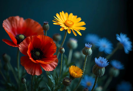 A captivating collection of blossoms featuring vivid red poppies, cheerful yellow daisies, and soft blue cornflowers. This floral ensemble brings life and color to any space.の素材