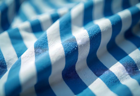 A close-up of a vibrant beach towel featuring bold blue and white stripes. The soft texture glistens with moisture, capturing the essence of a warm summer day by the shore.の素材