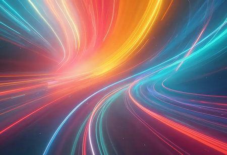 Bright swirls of neon colors intertwine in a captivating display, forming a stunning visual experience. This mesmerizing light show evokes motion and energy in a surreal cosmic space.の素材