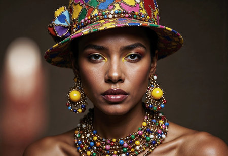 Dressed in colorful accessories, a confident woman exudes elegance and cultural pride. Her bold makeup complements an intricate necklace and statement earrings, celebrating tradition and artistry.の素材
