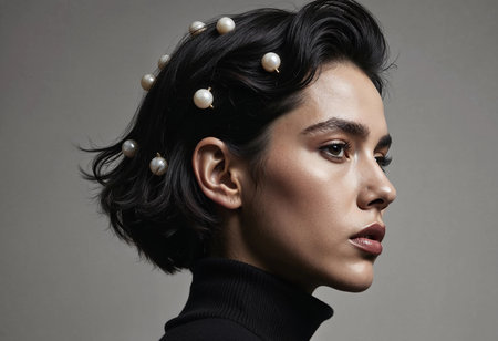 This striking portrait features a woman with short, wavy hair adorned with pearls. The focus on her profile highlights a serene expression and contemporary fashion against a neutral backdrop.の素材
