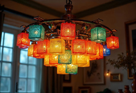 A stunning chandelier made of glass cubes bathes the cozy interior in a vibrant glow, creating an inviting atmosphere perfect for relaxation or gatherings, rich in color and light.の素材