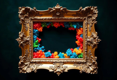 Vividly colored plastic shapes in various sizes and designs emerge from an intricately carved golden frame, creating a whimsical display set against a dark backdrop that enhances the brightness.の素材