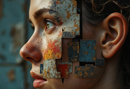 A young person gazes introspectively as abstract blocks of rusted metal blend with their profile. The background suggests an urban decay, highlighting the contrast between humanity and machinery.の素材