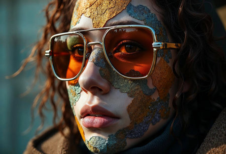 A captivating young woman gazes directly at the viewer with vibrant face paint reminiscent of colorful landscapes.の素材