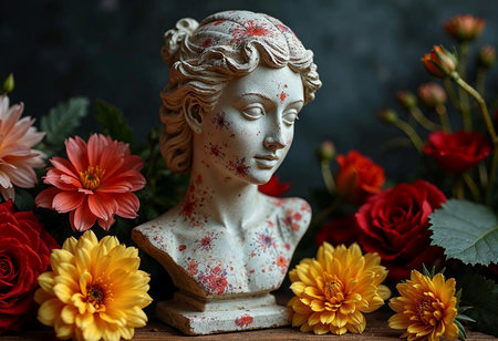 A lovely vintage bust sits gracefully among vibrant blooms, including roses and daisies. The delicate details of the sculpture, adorned with subtle floral accents, create a tranquil atmosphere.の素材