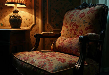 In a softly lit room, a vintage armchair adorned with floral upholstery sits invitingly, casting shadows that dance as the warm glow of a lamp enhances the cozy atmosphere of the space.の素材