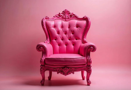A stunning pink armchair with intricate details stands prominently against a soft pastel pink background. Its luxurious design and rich texture invite admiration in a stylish studio setting.の素材
