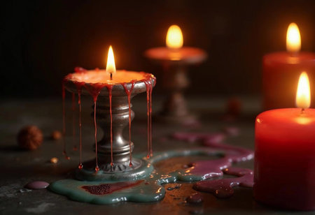 In a dimly lit room, warm candlelight flickers softly, casting dancing shadows. Melting wax drips from ornate holders, adding to the serene atmosphere of an evening gathering.の素材