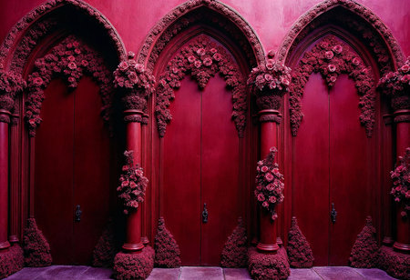 Three stunning doors framed by ornate floral designs captivate with their deep red hues, inviting wonder and curiosity. The elaborate craftsmanship evokes a sense of enchantment and mystery.の素材