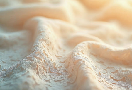 Soft, ivory lace fabric unfurls gracefully, illuminated by gentle golden sunlight. The delicate patterns evoke elegance and romance, perfect for creating timeless designs or special occasions.の素材