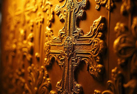 Delicate details of an ornate golden cross adorn the wall of a historic church, catching the light beautifully. The craftsmanship reflects spiritual reverence and artistic mastery.の素材