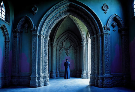 In a dimly lit architectural marvel, a robed figure stands in contemplation, surrounded by intricate stone arches that exude an otherworldly ambiance, bathed in shades of blue.の素材