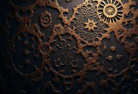 Metallic gears and decorative patterns intertwine in an artistic steampunk mural, casting a captivating glow. The collection of textures and shapes showcases craftsmanship and creativity.の素材