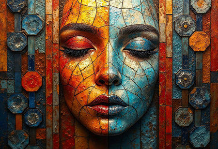 A stunning artwork captures a face split into contrasting colors, showcasing intricate textures and a mesmerizing gaze. The rich hues evoke a sense of mystery and depth, inviting exploration.の素材