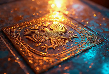 A stunning golden emblem featuring a majestic eagle shines brightly, illuminated by vibrant blue and orange lighting.の素材