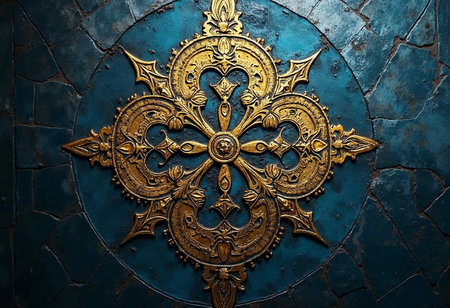 A stunning golden ornament showcases intricate patterns against a rich turquoise background, highlighting skilled craftsmanship. This stunning detail invites admiration and intrigue in any setting.の素材