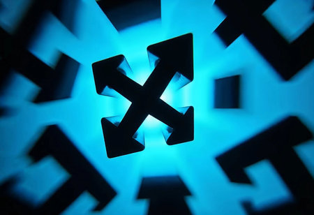 Illuminated arrows extend outward in various directions, set against a glowing blue background. The design evokes energy and a sense of exploration in a modern aesthetic.の素材