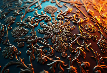 Gorgeous golden floral designs adorn a dark surface, revealing exquisite details and craftsmanship. The interplay of light and shadow enhances the rich, opulent appearance of the artwork.の素材