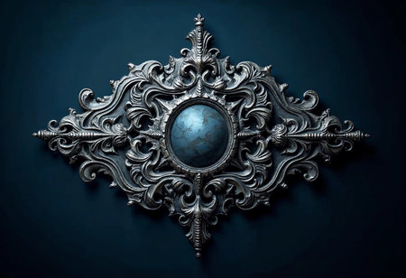 Intricately designed metalwork showcases elaborate patterns around a stunning blue stone. The dark backdrop accentuates the elegance and craftsmanship of this decorative piece.の素材