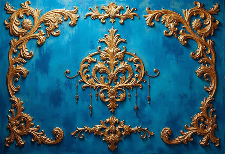 Delicate golden designs adorn a vibrant blue backdrop, showcasing exquisite craftsmanship and artistic flair. The intricate details highlight a rich heritage in decorative arts.の素材