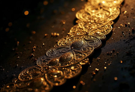 Delicate craftsmanship is showcased as the intricate golden bracelet lies gracefully on a dark surface, reflecting soft golden hues. Tiny specks of light add to its mesmerizing allure.の素材