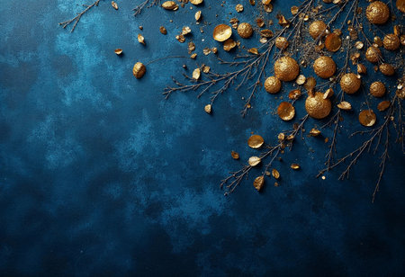 Elegant golden ornaments and delicate branches are artfully arranged on a rich blue background, creating a stunning contrast that captures the essence of luxury and creativity.の素材