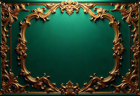 A lavish golden frame envelops a vibrant green background, perfect for showcasing artwork or special announcements. The intricate detailing adds a touch of elegance and sophistication.の素材