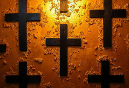 A captivating display of wooden crosses mounted on a textured orange wall. Soft light radiates, creating a warm, serene atmosphere that invites reflection and peace.の素材