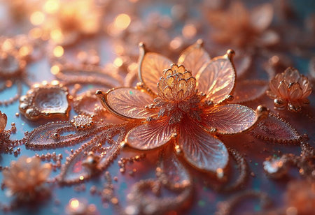 Lush floral designs bloom across an elegant textile, adorned in radiant golden tones. Intricate detailing captivates with sparkling embellishments, a testament to skilled craftsmanship.の素材