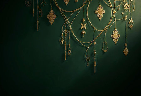 Delicate golden jewelry hangs gracefully against a rich green backdrop, showcasing elegant craftsmanship. The pieces reflect light beautifully, creating a mesmerizing display.の素材
