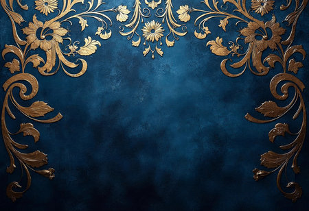 Ornate floral patterns emerge in shimmering gold against a rich blue backdrop, exuding sophistication and charm. Perfect for enhancing a lavish interior or artistic project.の素材
