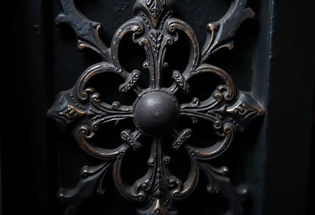 A close-up view showcases the stunning details of wrought iron craftsmanship. Intricately designed in black, the door's vintage charm reflects artistic heritage and timeless elegance.の素材