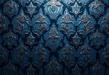 A stunning damask pattern in rich blue tones adorns the wall, featuring detailed and ornate designs. The interplay of light enhances the texture and elegance of this exquisite backdrop.の素材