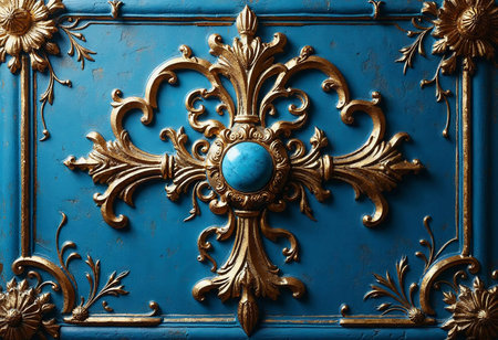 Rich blue background adorned with ornate golden patterns and a striking turquoise centerpiece showcases exquisite craftsmanship, blending classic style and modern aesthetics in artistic harmony.の素材