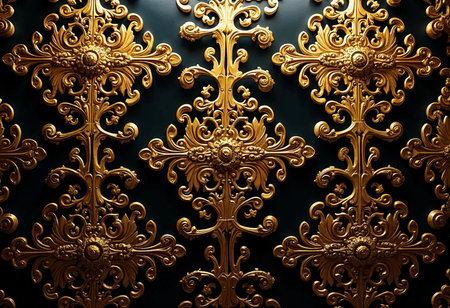 Richly designed golden motifs interlace across a deep backdrop, creating an opulent atmosphere. The artistry evokes a sense of elegance and historical charm, inviting admiration.の素材